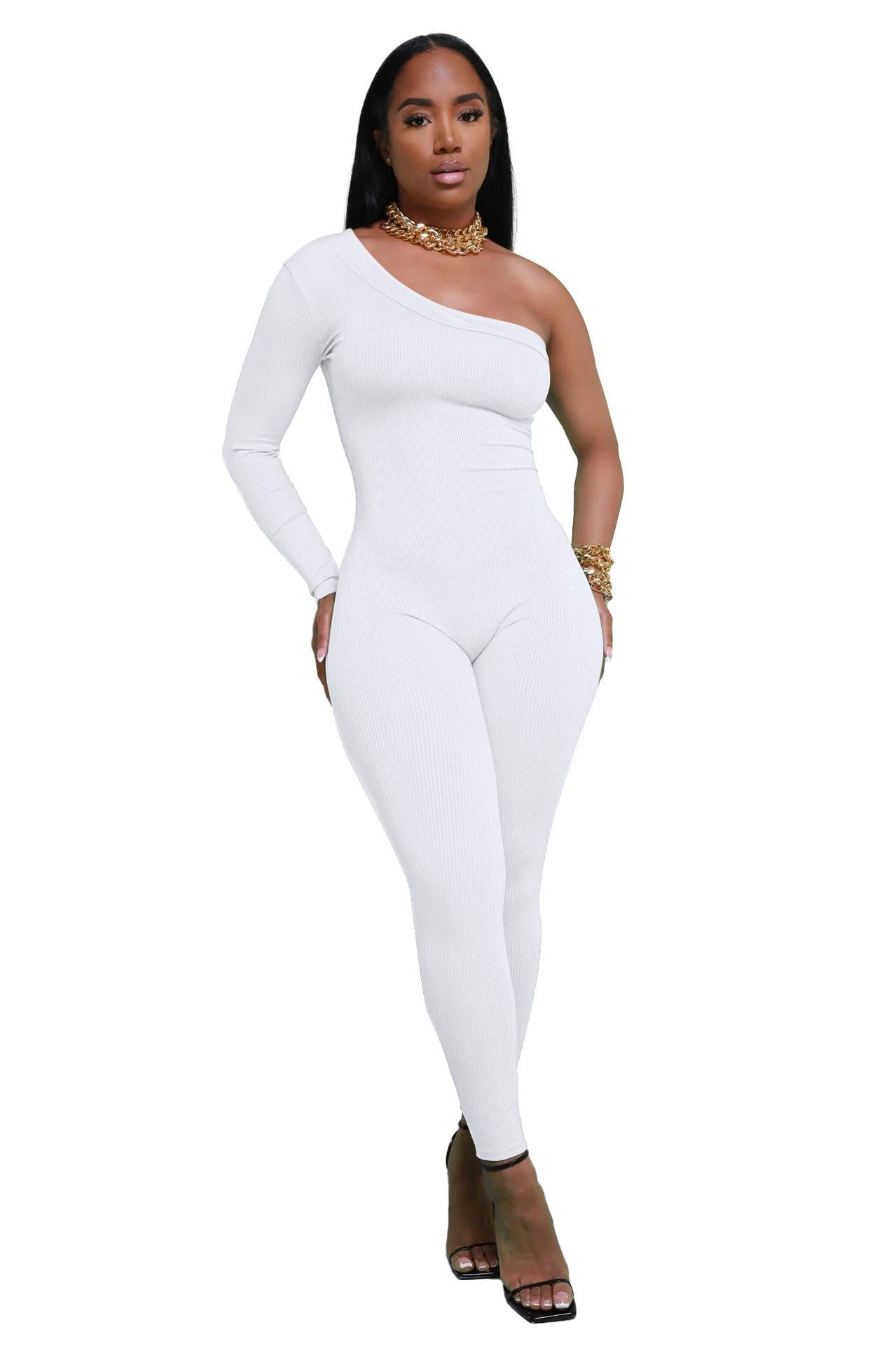 Dame Asymmetrisk Langærmet Jumpsuit i ribbet materiale Stilla