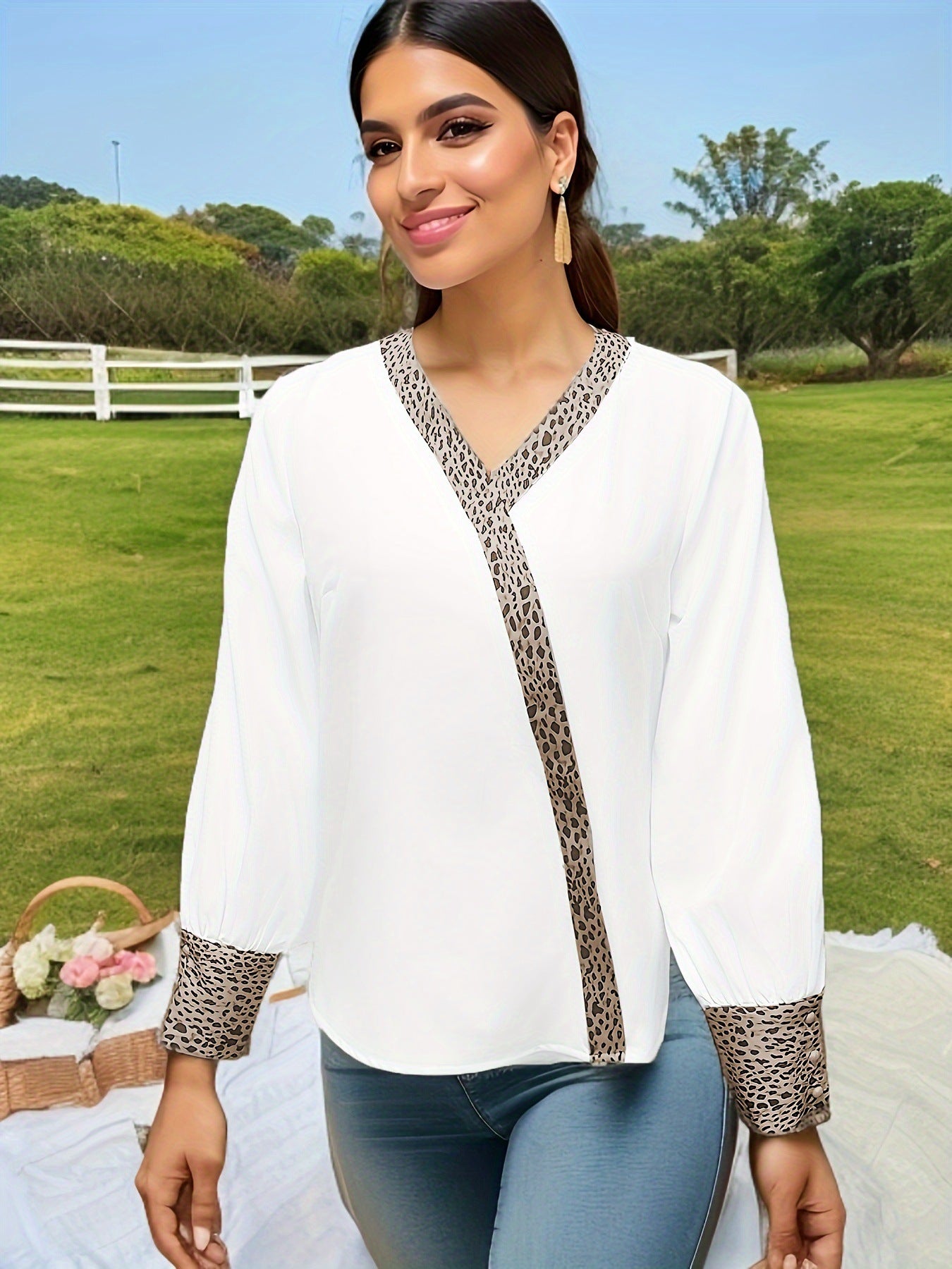 Dame elegant bluse med detaljeret dyreprint Stilla