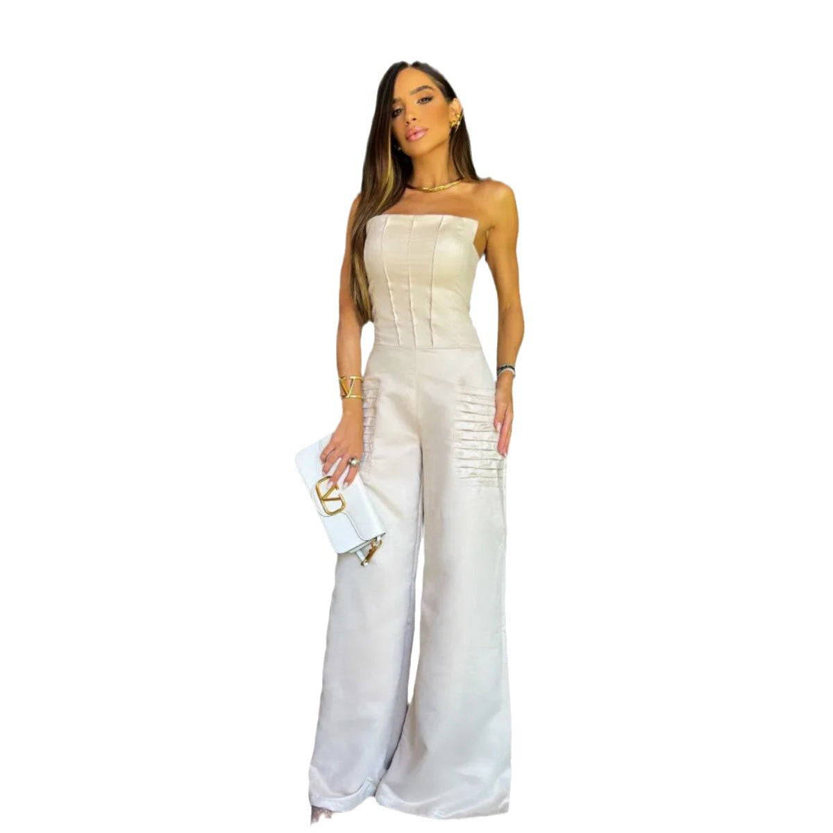Dame Jumpsuit med elegant skulderfri design og kvalitets plisserede detaljer Stilla