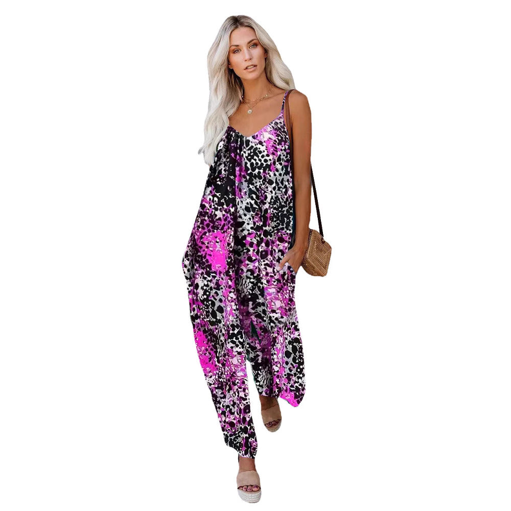 Dame afslappet maxijumpsuit med blomstermønster og dyb V-udskæring Stilla