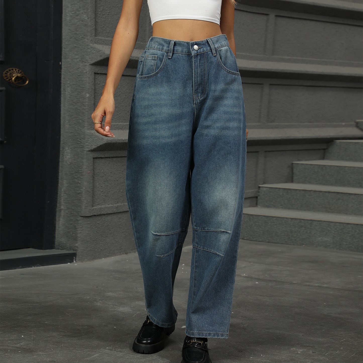 Dame løse høj talje jeans med bred ben og lommer Stilla