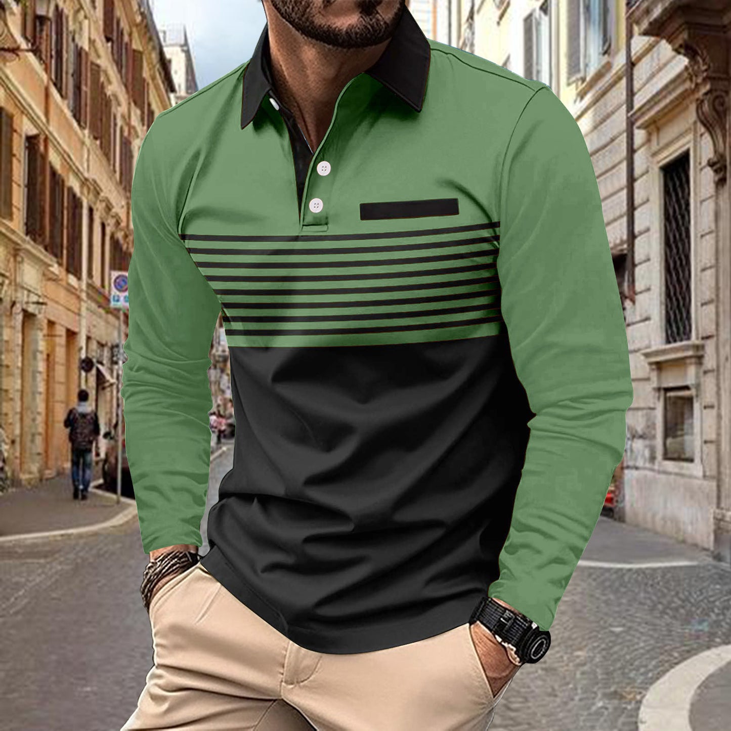 Herrer Langærmet Poloshirt med stilfuldt stribedesign og kravefokuseret snit Stilla