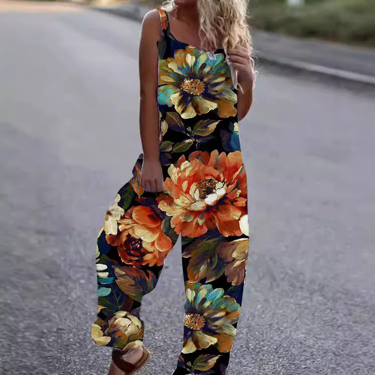Dame Blomstret Mønstret Jumpsuit med Bred Ben og Spaghetti-Stropper Stilla