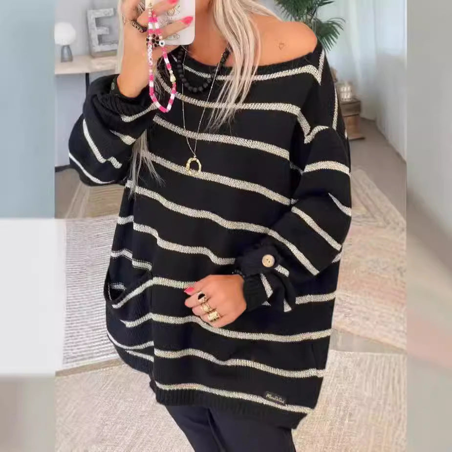 Dame Oversized Strikketrøje med elegante striber og praktiske lommer Stilla