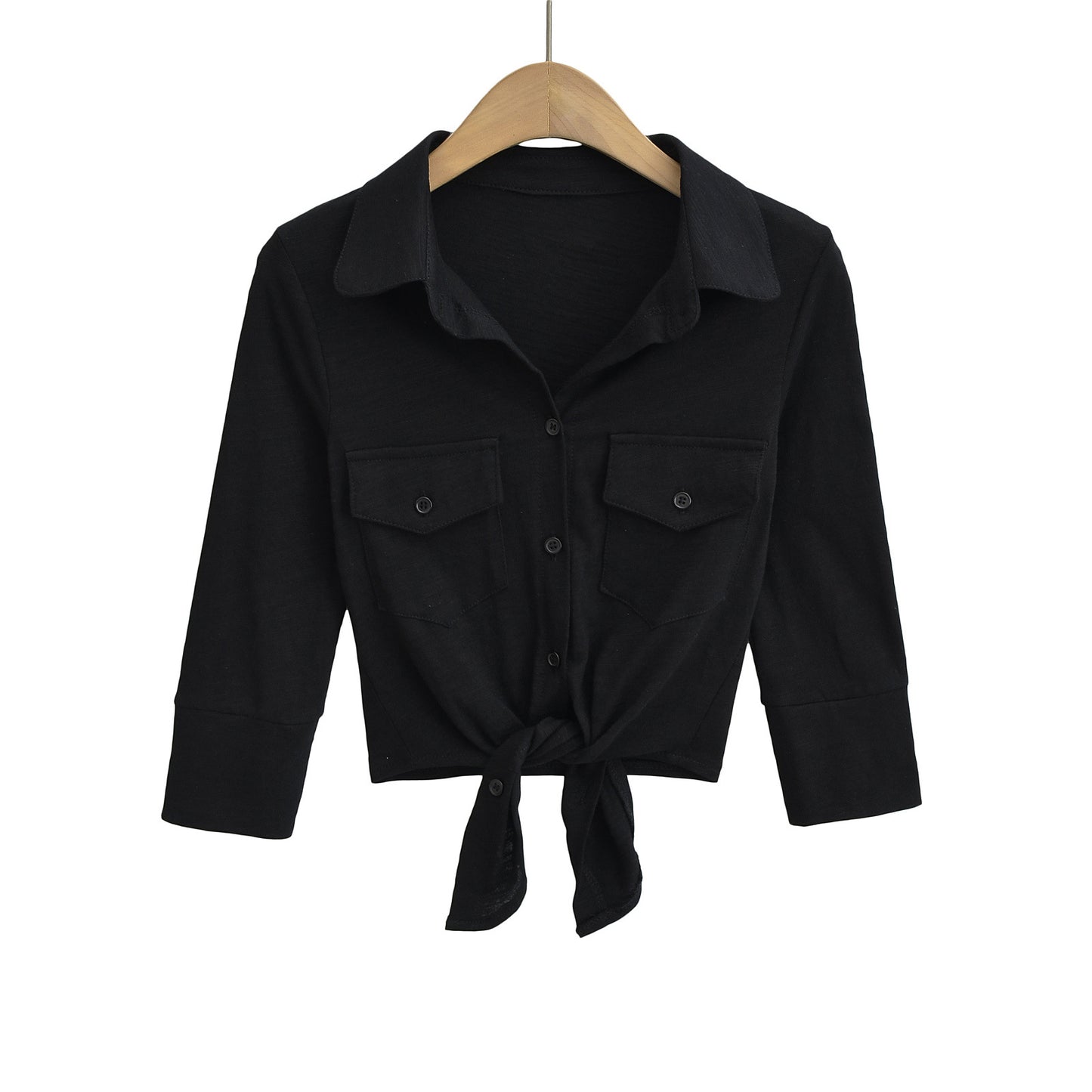 Dame cropped skjorte med knude-detalje og to brystlommer Stilla