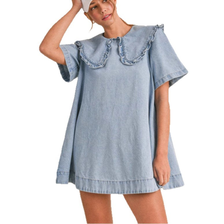 Dame Denim Kjole med legende Ruffle Krave Stilla