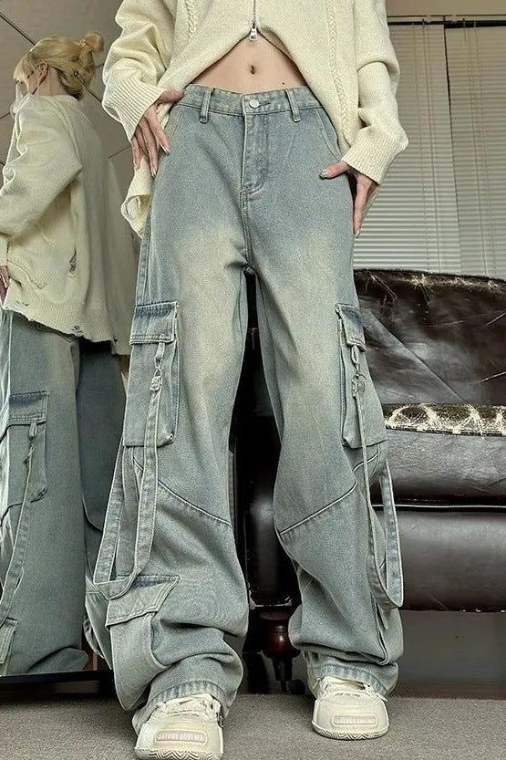 Stilla | Retro Vaskede Overalls Bred Cargo Jeans