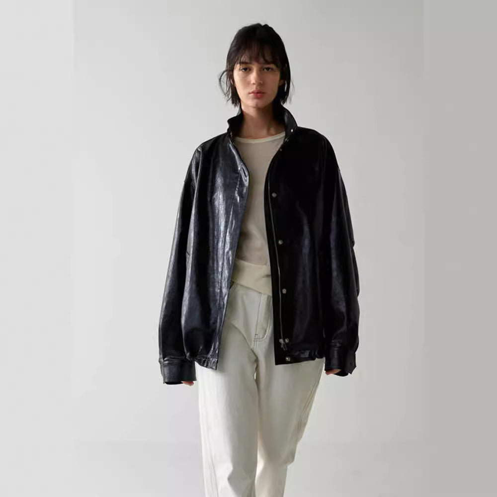 Dame afslappet oversized læderjakke med struktureret design og praktiske detaljer Stilla