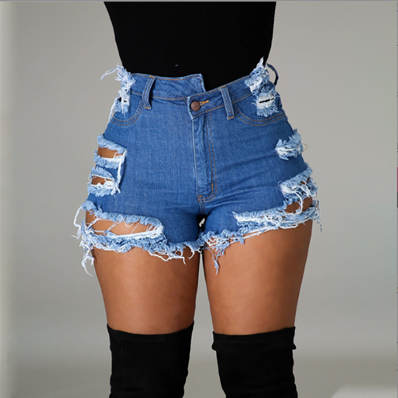 Dame Destroyed Denim Shorts med trendy frynse look Stilla