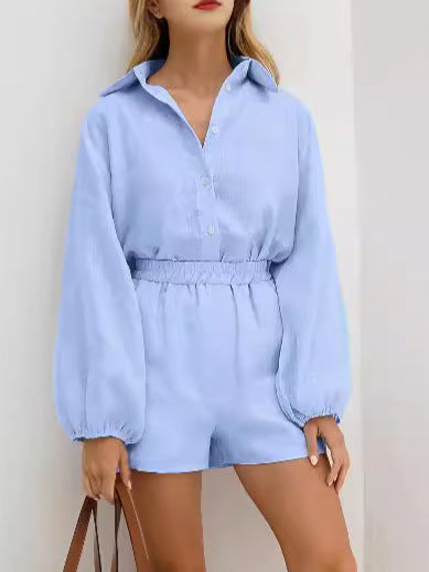 Dame Elegant Kort jumpsuit med ballonærmer og skjortekrave Stilla