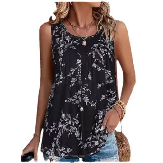 Dame afslappet blusetop med blomsterdesign og rund hals Stilla