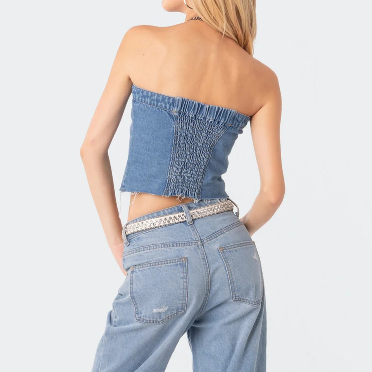 Dame afslappet cropped jeansjakke med strikket oversized ærme Stilla