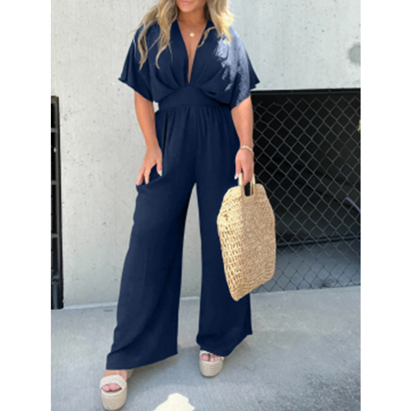 Dame elegant jumpsuit med bred ben og dyb V-udskæring Stilla
