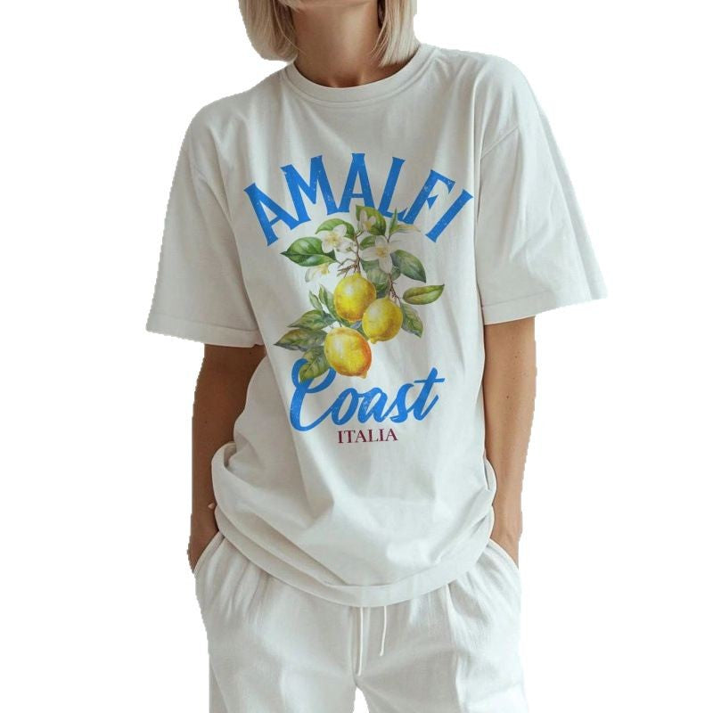 Dame T-shirt med stilfuldt citronmotiv og Amalfi Coast tekst Stilla