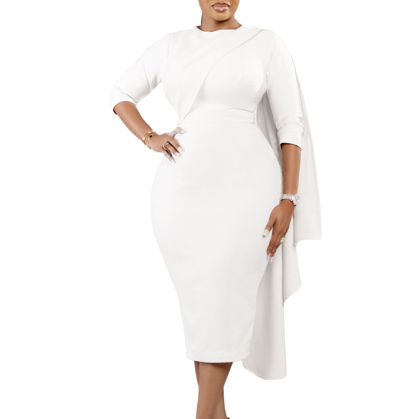 Dame Elegant kjole med asymmetrisk drapering og lange ærmer Stilla