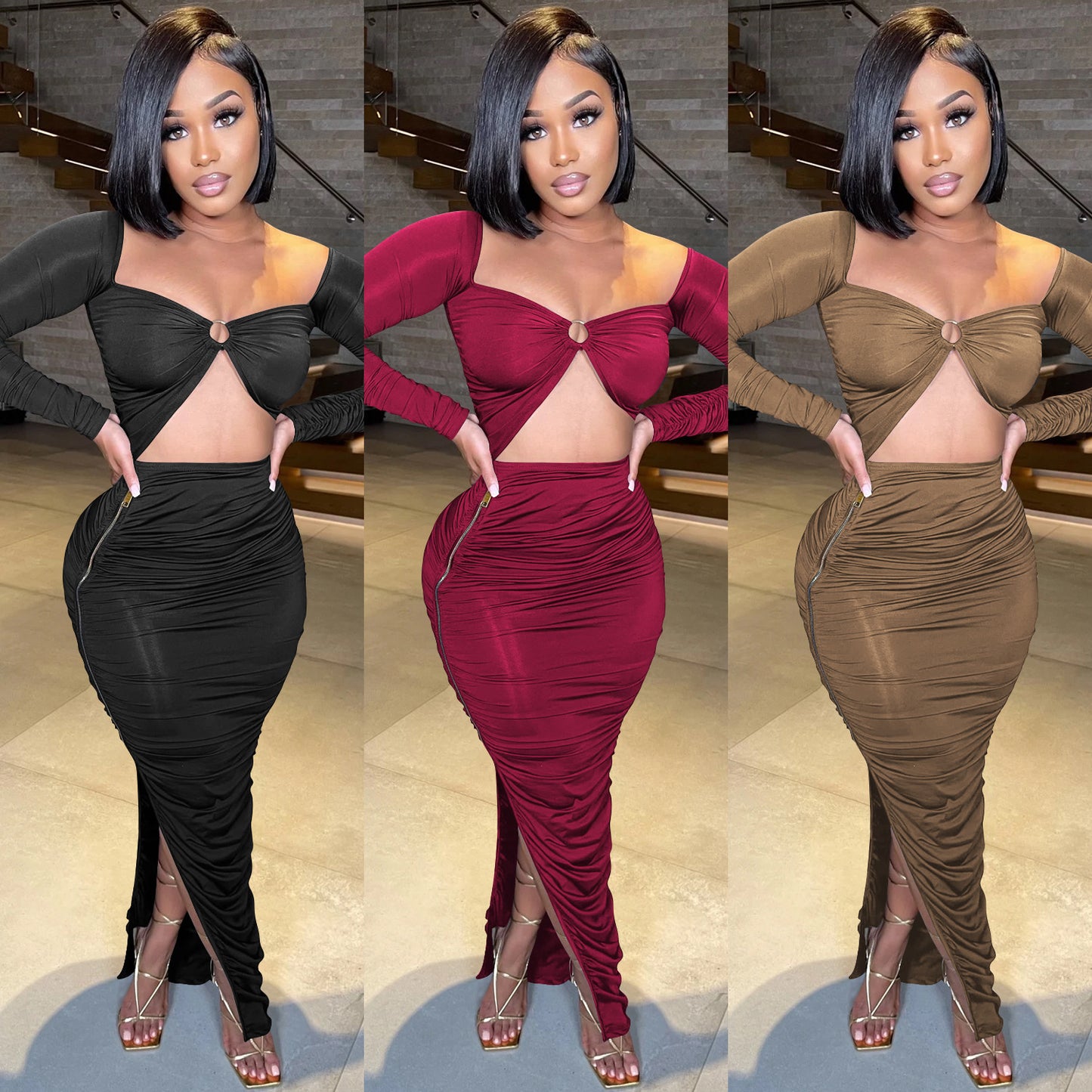 Dame Cut-Out Maxikjole med elegant rynkning og dyb slids Stilla