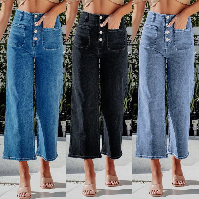 Dame højtaljede jeans med bred ben og dekorative knapdetaljer Stilla