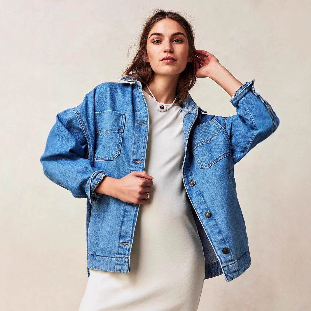 Dame trendy oversized jeansjakke med store lommer Stilla
