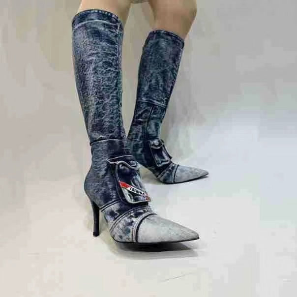 Femme High-Stiletto Denim Over-knæ Støvler med dekorativ lomme Stilla