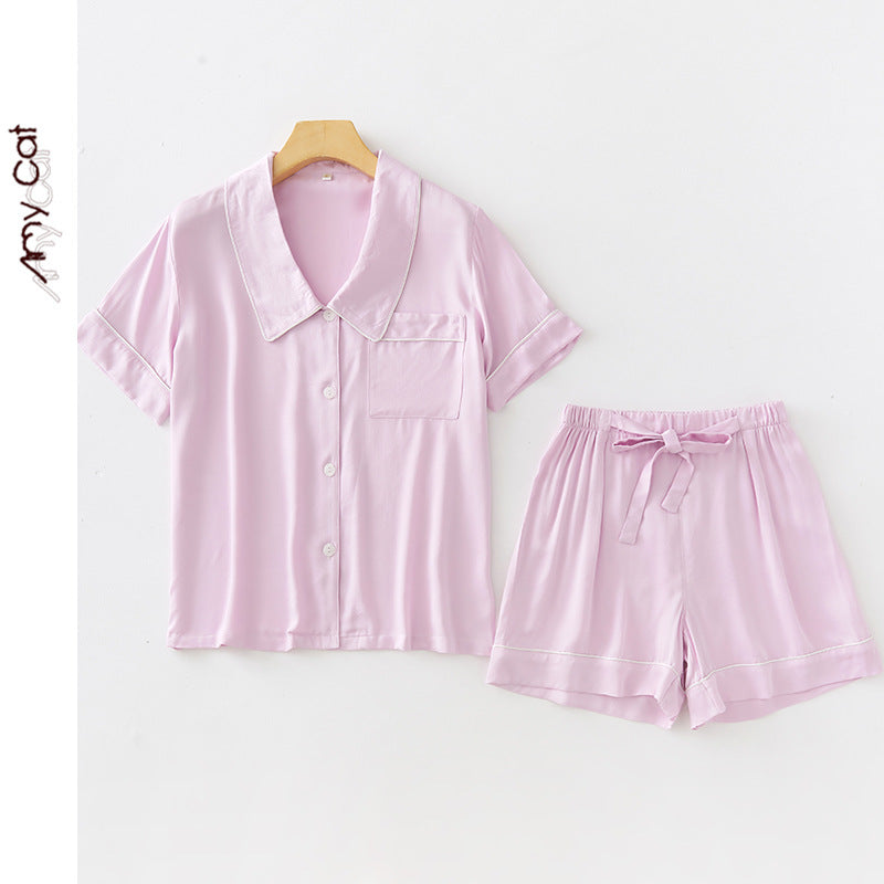 Dame Blødt Satin Pyjamas-Sæt med afslappet Korte Ærmer Overdel og Bløde Bukser Stilla