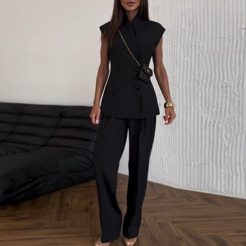 Dame elegant dobbeltknap-vest med asymmetrisk snit og stil Stilla
