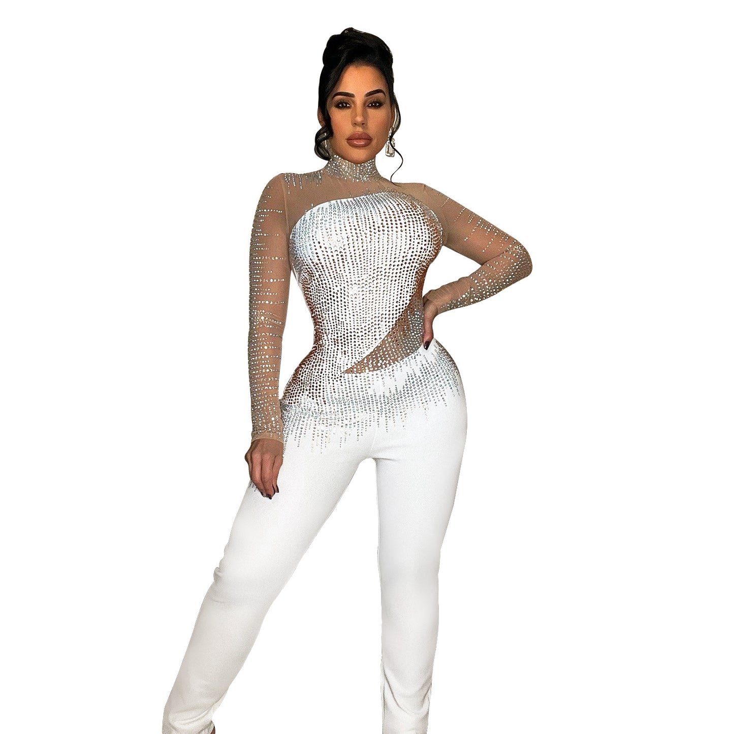 Dame Glamourøs Bodycon Jumpsuit med gennemsigtigt overdel og glitrende strassdekorationer Stilla