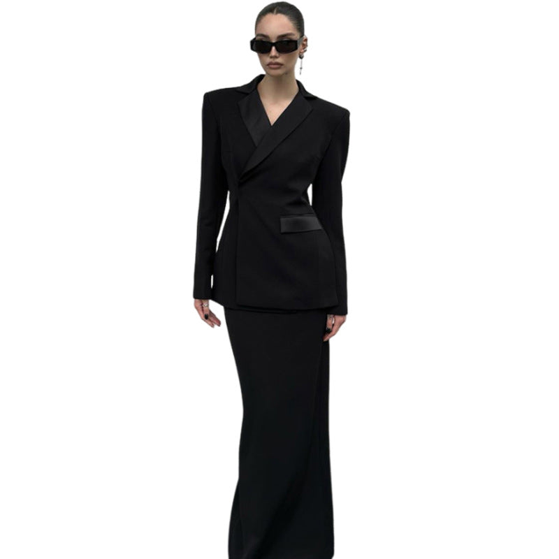 Dame elegant Blazer & Nederdel Sæt med luksuriøs Satin kant Stilla