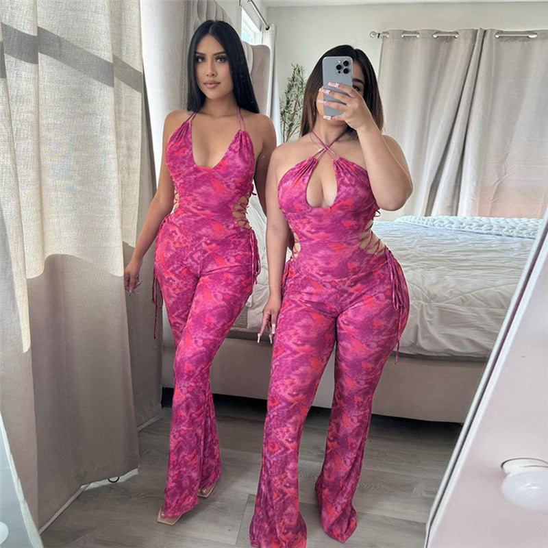 Dame jumpsuit med dyb V-udskæring og snøre detaljer Stilla