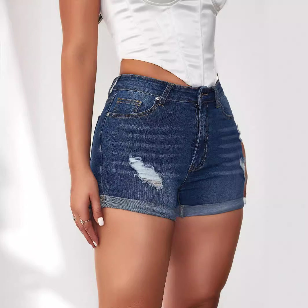 Dame denim shorts med høj talje og fashionable destroyed detaljer Stilla
