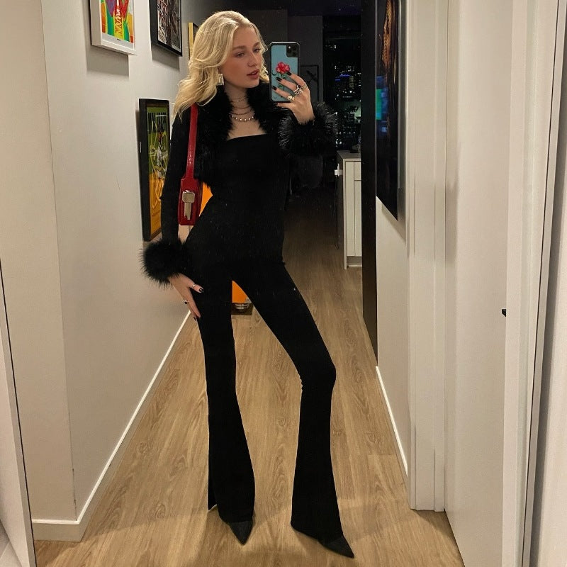 Dame Elegant Jumpsuit med Fauspelzdetaljer Stilla