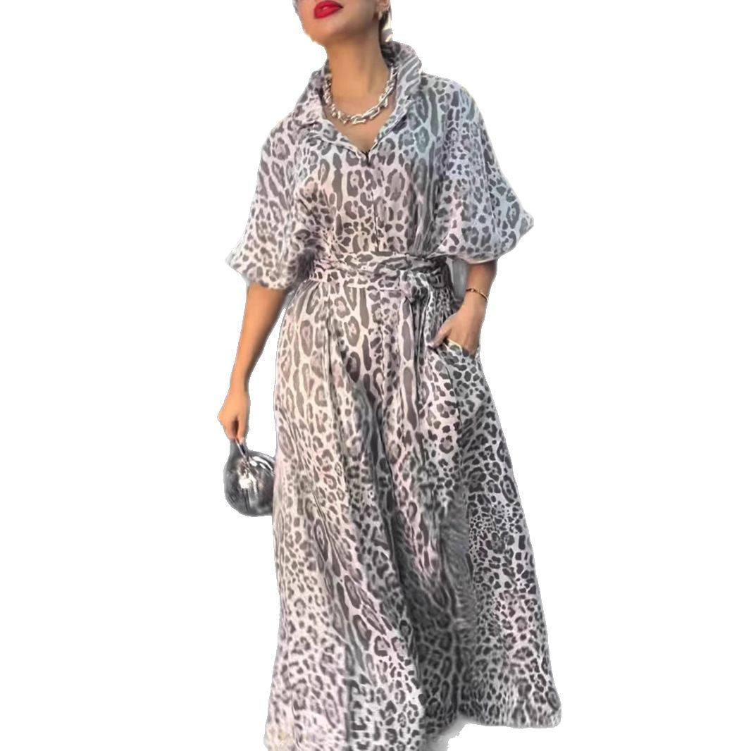 Dame Leoprint Jumpsuit med brede ben og figursyet bælte Stilla