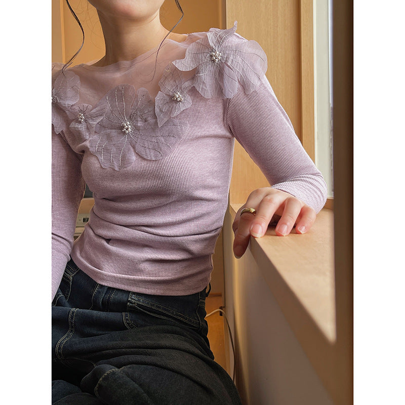 Dame elegant blouse med blomsterlignende spidskant og gennemsigtig krave Stilla