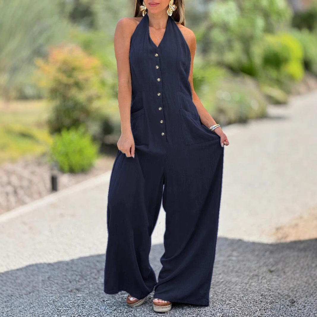 Dame Halter- jumpsuit med praktiske lommer og knaplukning Stilla