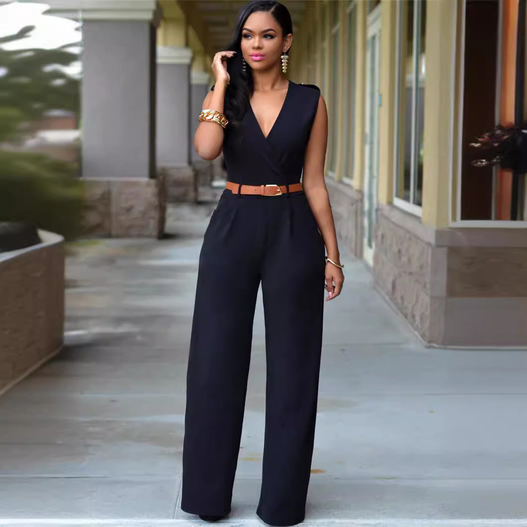 Dame Elegant jumpsuit med dyb V-hals og brede ben Stilla