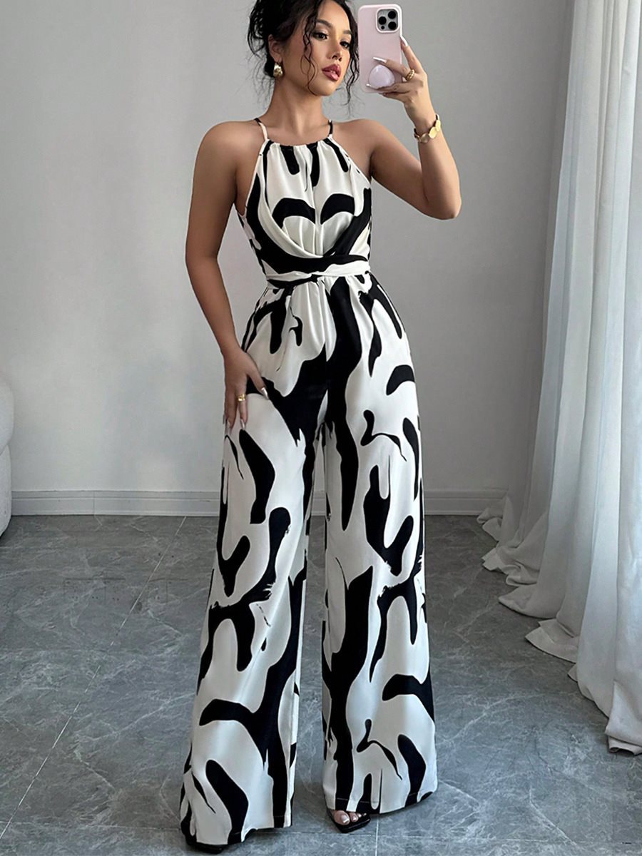 Damer elegant jumpsuit med bredt ben og smart mønster Stilla