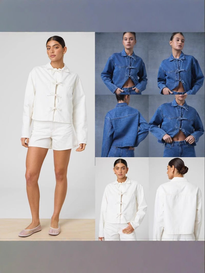Dame casual jeansjakke med unikt bindebælte og trendy cropped snit Stilla