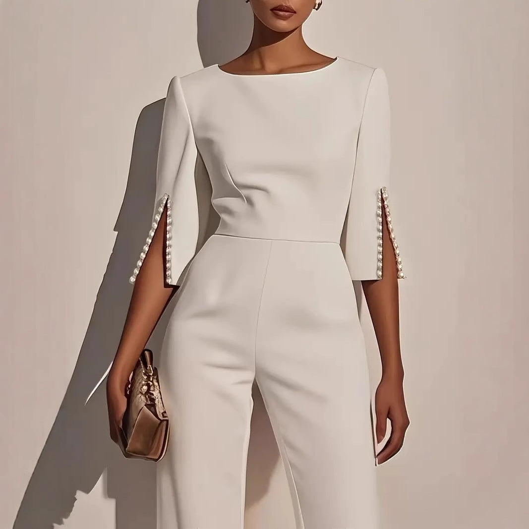 Damer Elegant Jumpsuit med dekorative perleærmer og bred bukse Stilla