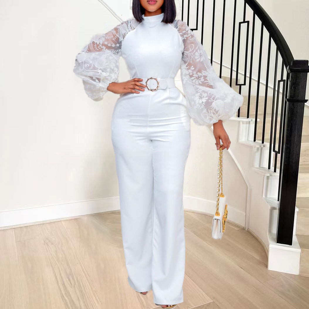 Dame elegant jumpsuit med voluminøse tylærmer og figursyet snit Stilla