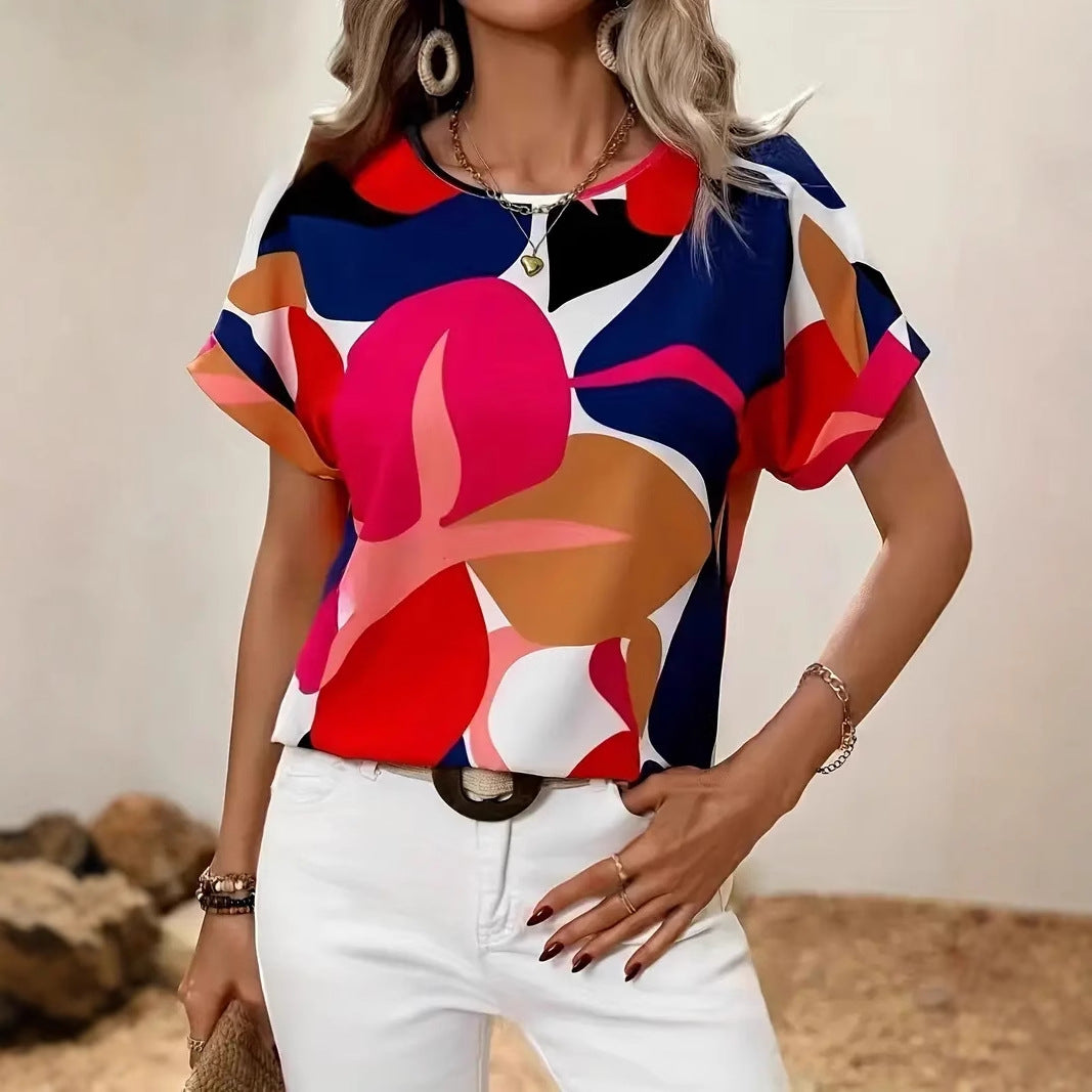 Dame afslappet kortærmet skjorte med farverigt blomstermønster Stilla