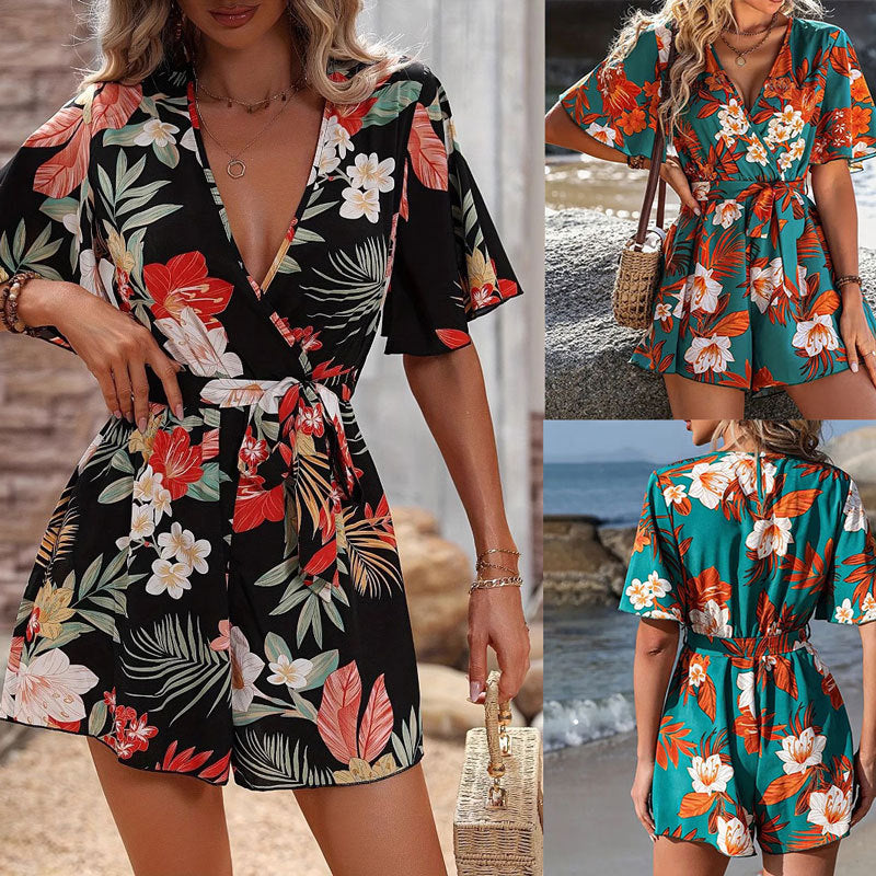 Dame Elegant Wrap Jumpsuit med blomsterdesign og svajende ærmer Stilla