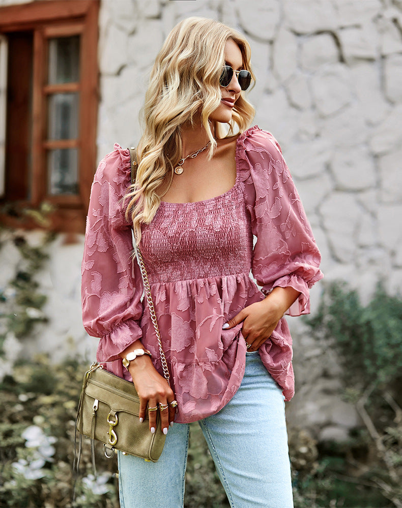 Stilla | Elegant U Hals Langærmet Blonde Top Bluse