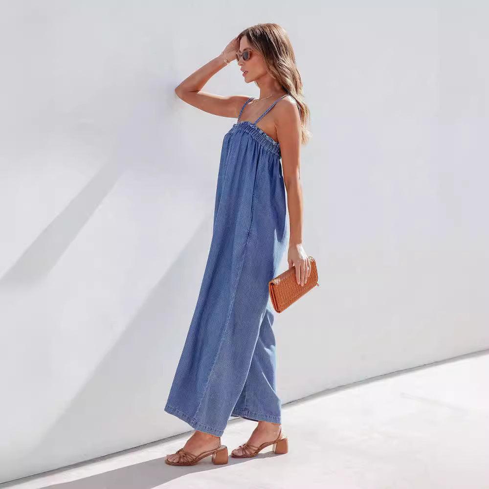 Dame Relaxed Fit Denim Jumpsuit med justerbare stropper Stilla