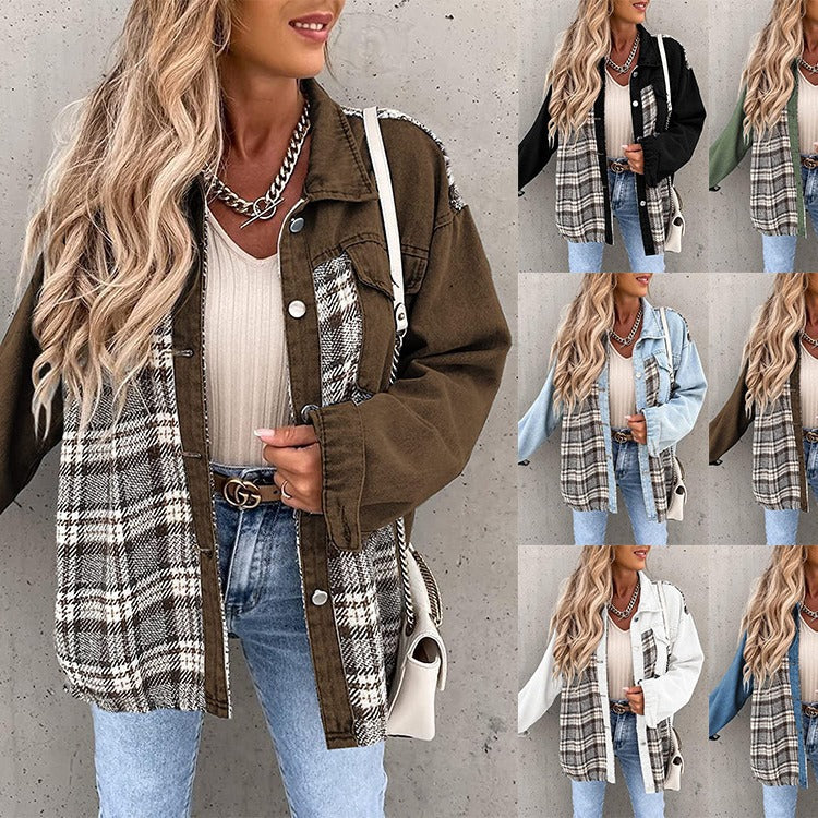 Dame Oversized Jeansjakke med ternet mønster og knapdetaljer Stilla