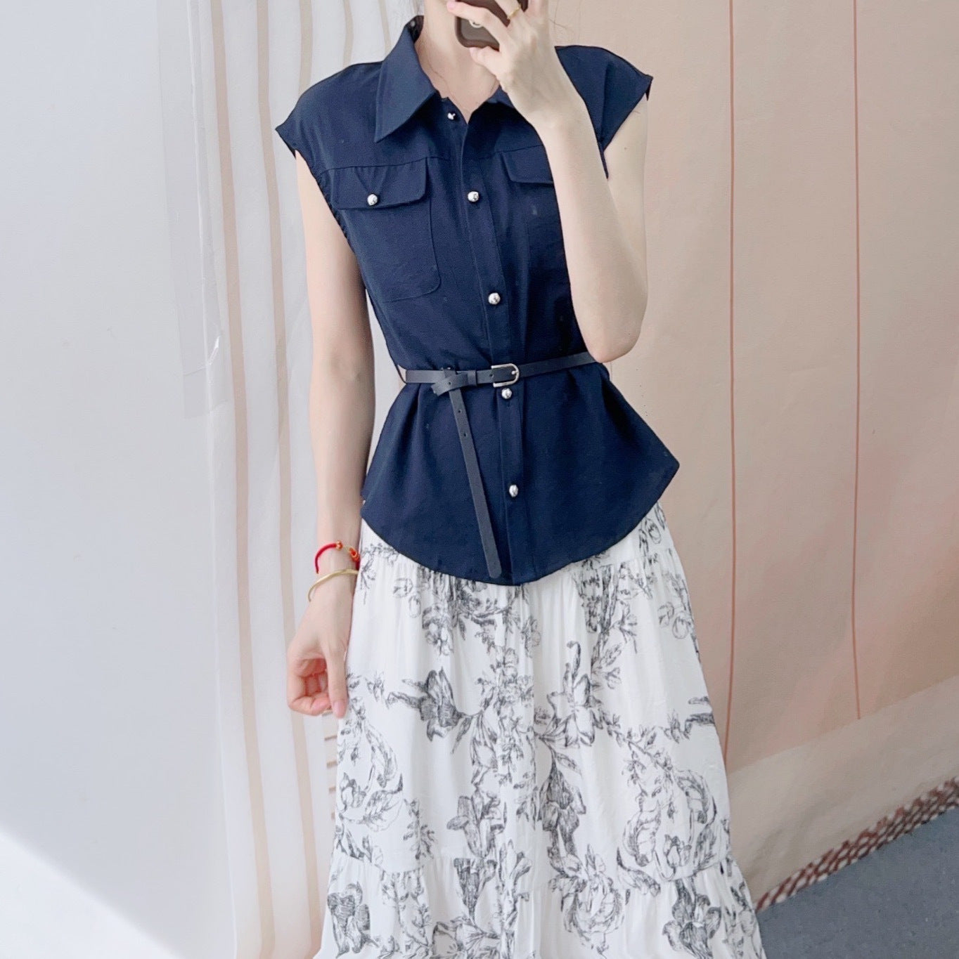 Dame Elegant Modekombination af chic bluse skjorte med bælte og blomster maxi nederdele Stilla