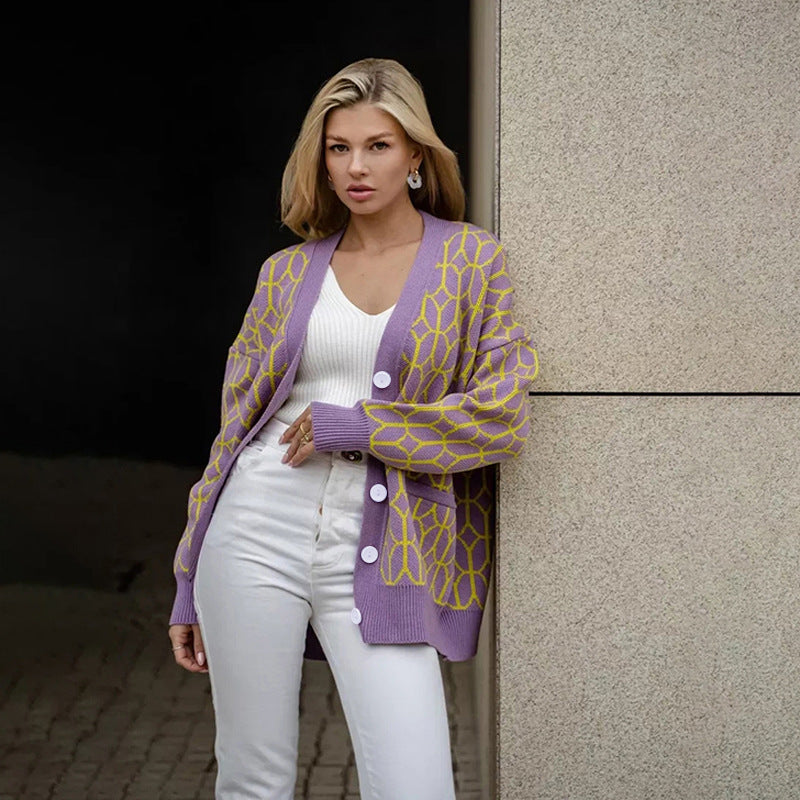 Dame designermantel med geometrisk mønster Stilla