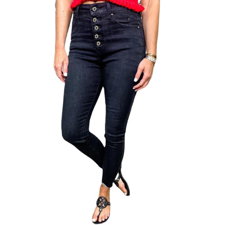 Dame Højtskårne Skinny Jeans med Knapperække og Optimal Komfort Stilla