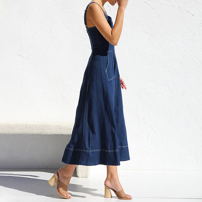 Stilla | Knap-Op Slidt Casual Denim Lang Kjole