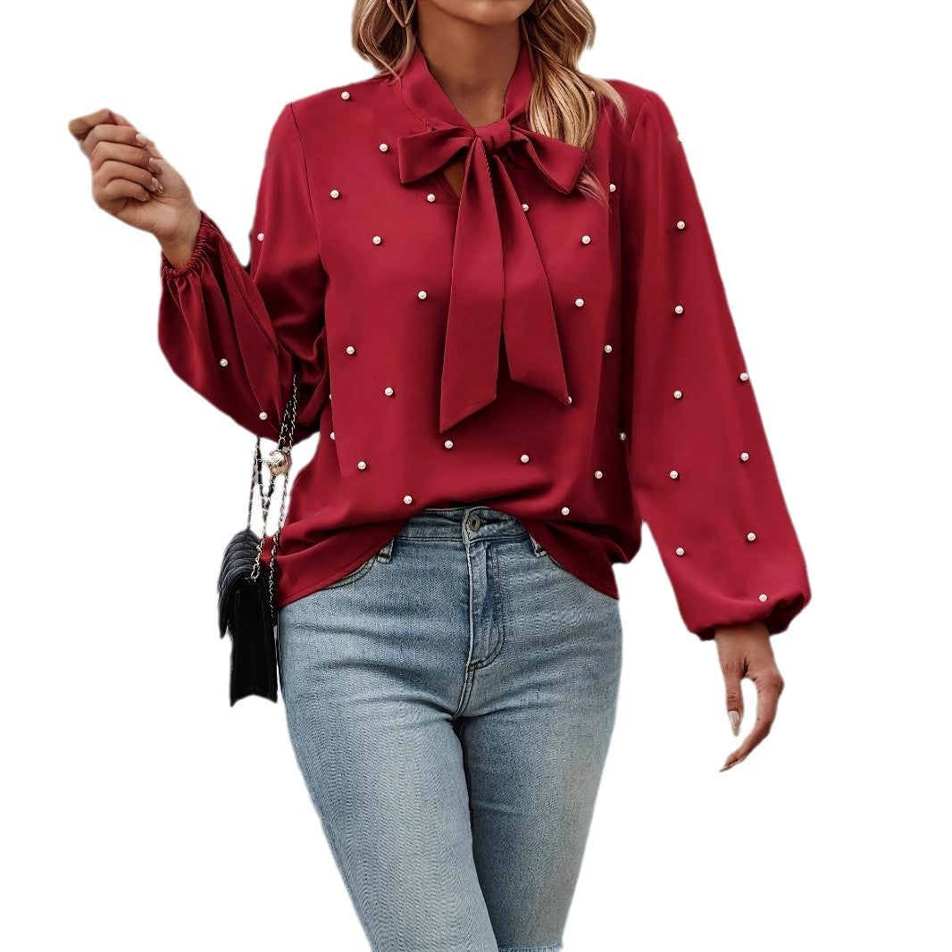 Dame elegant bluse med sløjfe krave og perle detaljer Stilla