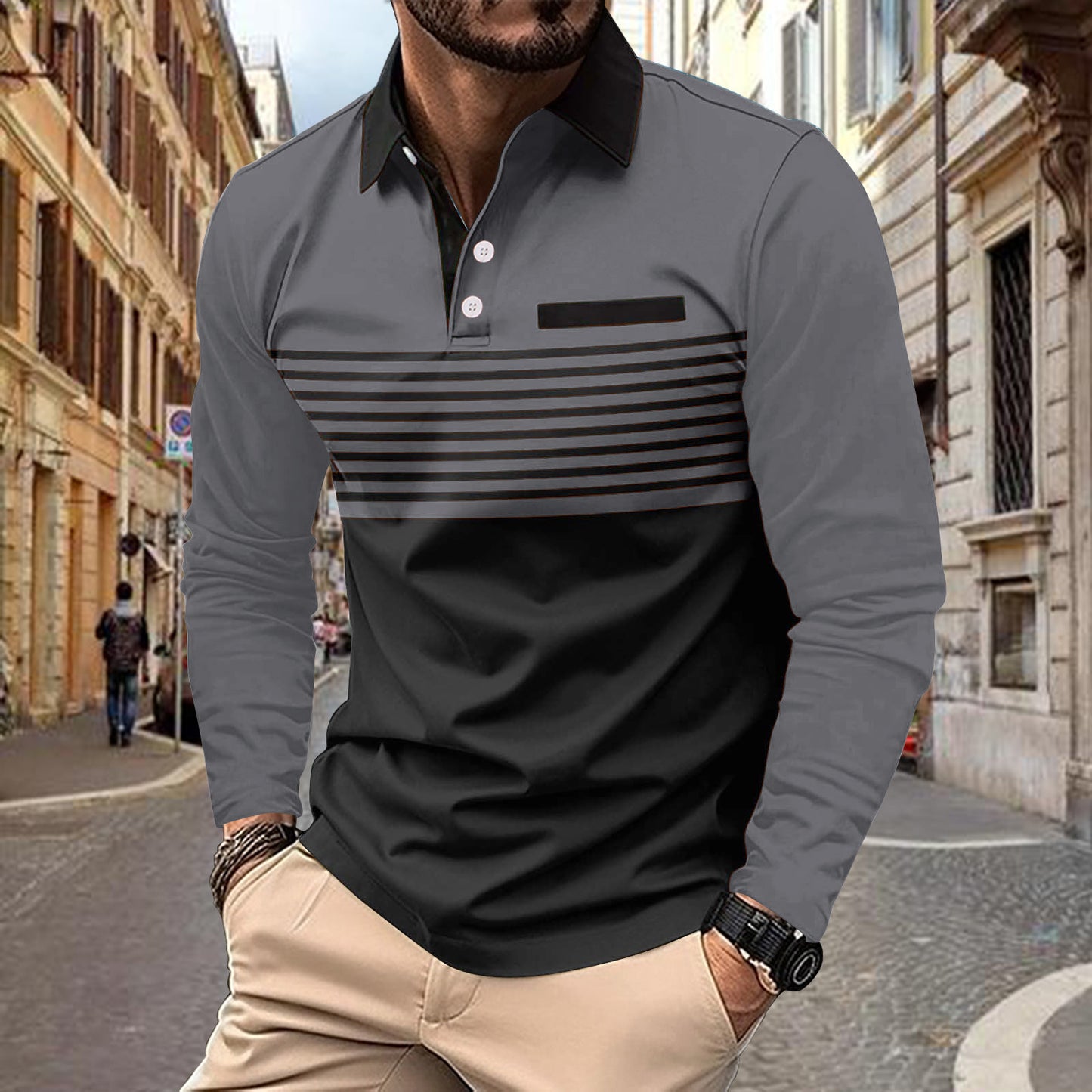 Herrer Langærmet Poloshirt med stilfuldt stribedesign og kravefokuseret snit Stilla