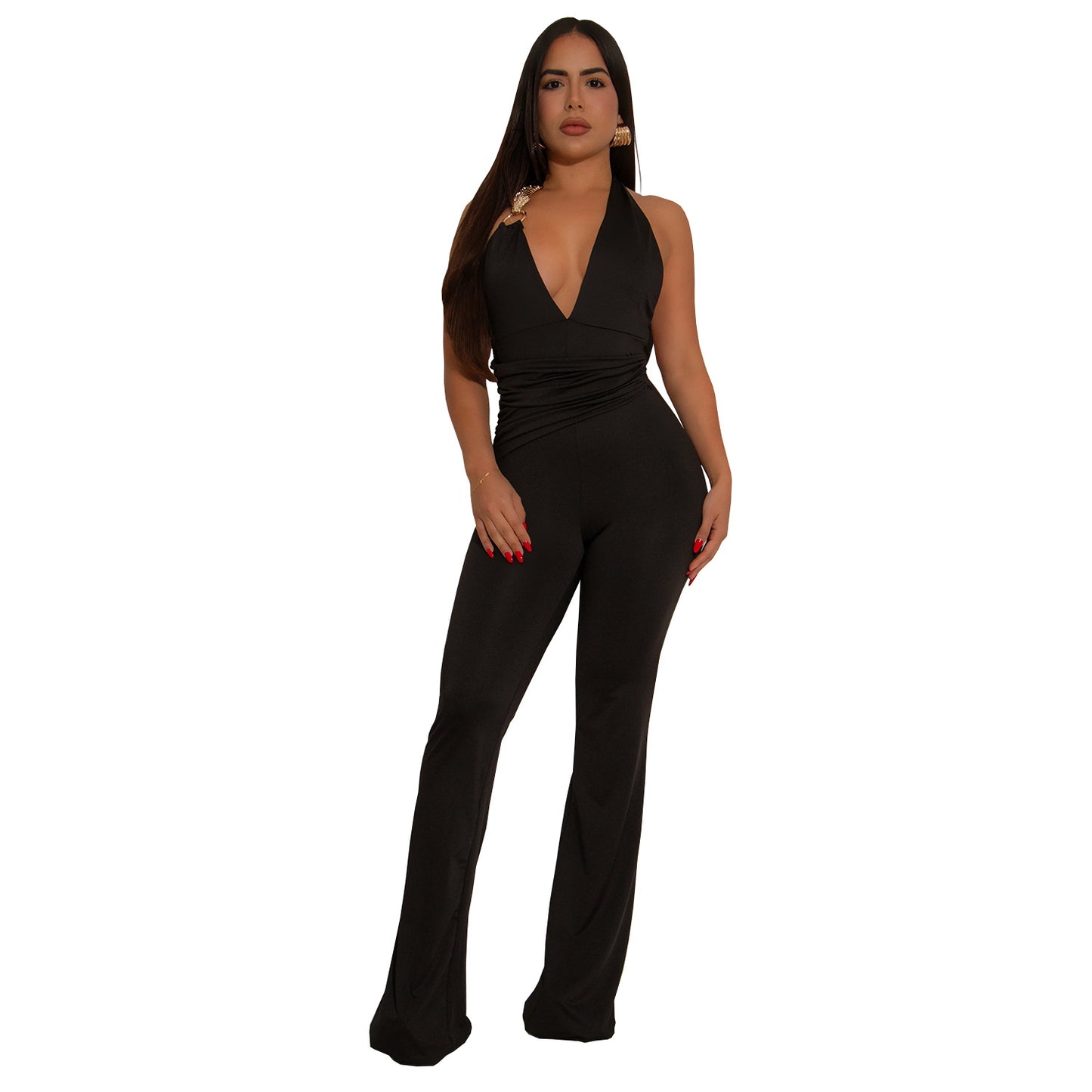Dame Elegant Flydende Jumpsuit med dyb V-udskæring og tætsiddende silhuet Stilla